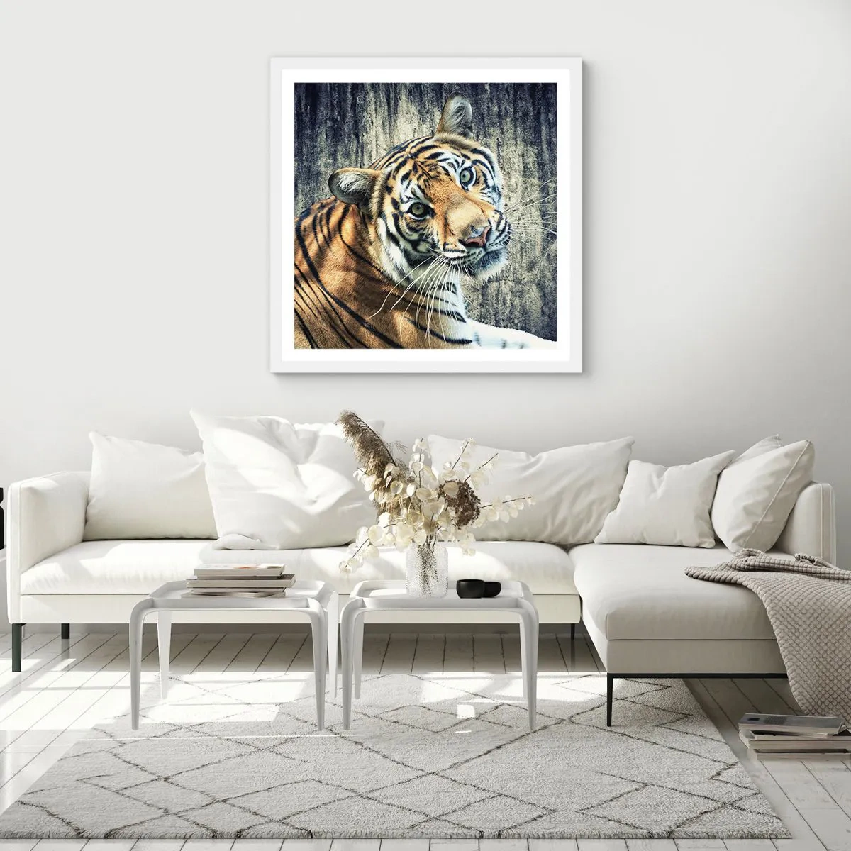 Affiche dans un cadre blanc - Poster - Portrait dans les flots de lumière - 40x40 cm