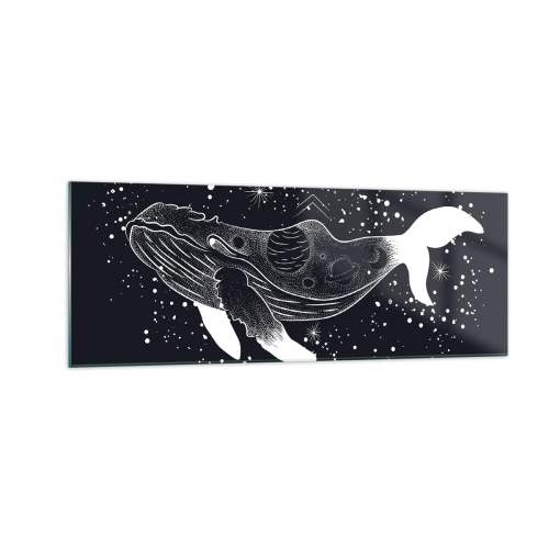Impression sur verre - Image sur verre - Une illustration graphique d'une baleine dans un style de l'ère spatiale. - 140x50cm - Dans l'océan de l'univers - Décoration murale moderne pour le salon et la chambre ARTTOR