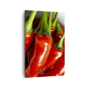 Impression sur toile - Image sur toile - Gros plan de piments rouges avec des tiges vertes - 80x120cm - Juteux, brillant, lisse - Décoration murale moderne pour le salon et la chambre ARTTOR