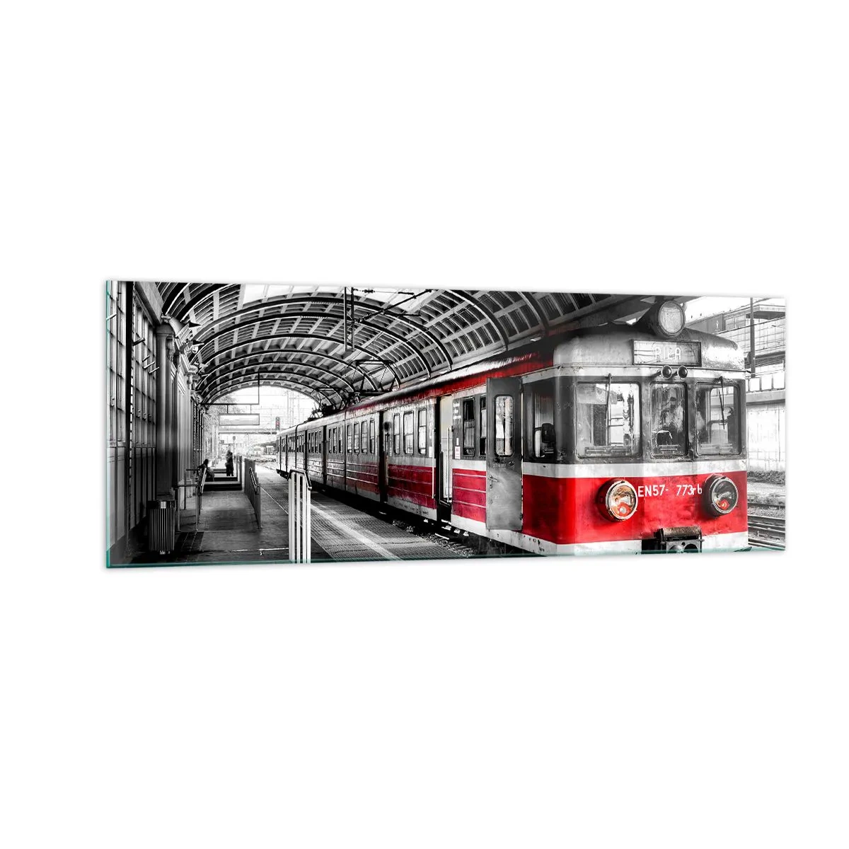 Impression sur verre - Image sur verre - Train rouge à la gare sous un toit - 140x50cm - C'est peut-être le voyage de votre vie ? - Décoration murale moderne pour le salon et la chambre ARTTOR