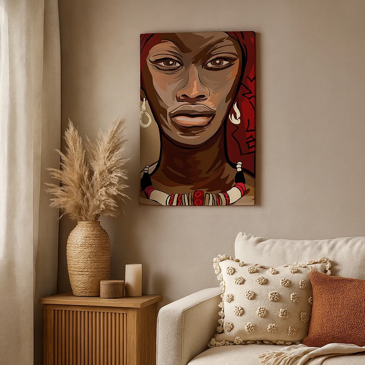 Impression sur toile - Image sur toile - Portrait d'une femme au turban rouge sur fond beige - 50x70cm - Vénus d'ébène - Décoration murale moderne pour le salon et la chambre ARTTOR