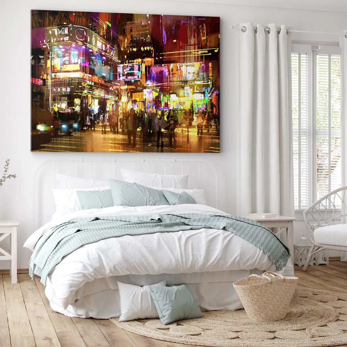 Impression sur toile - Image sur toile - Une ville animée la nuit sous la lumière des néons - 120x80cm - Dans une mer de lumière - Décoration murale moderne pour le salon et la chambre ARTTOR