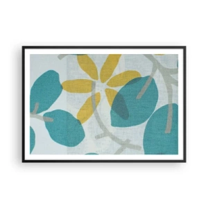 Affiche dans un cadre noir - Poster - Feuilles aux tons turquoise et jaune sur fond clair - 100x70cm - Wśród lazurowych liści - Décoration murale moderne pour le salon et la chambre ARTTOR