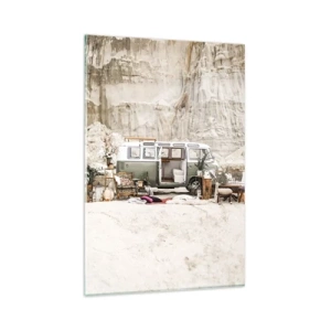 Impression sur verre - Image sur verre - Un camping-car rétro au design bohème sur fond de paysage rocheux. - 80x120cm - Il est temps de commencer le voyage - Décoration murale moderne pour le salon et la chambre ARTTOR