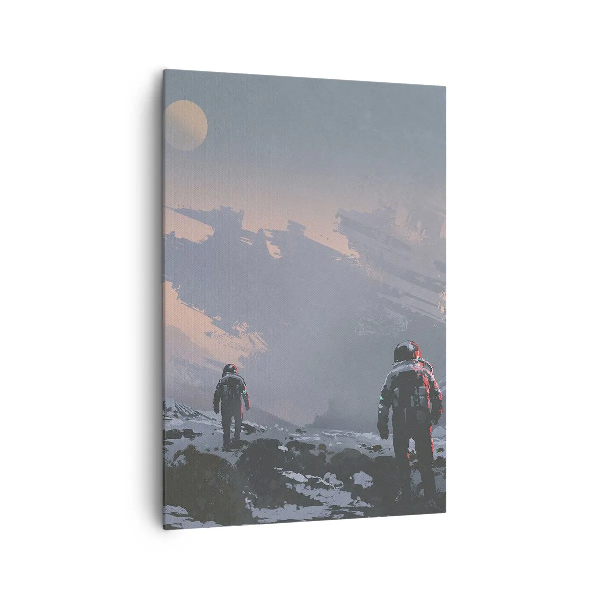 Impression sur toile - Image sur toile - Des astronautes sur une planète extraterrestre avec une épave de vaisseau spatial - 70x100cm - Sous une étoile inconnue - Décoration murale moderne pour le salon et la chambre ARTTOR