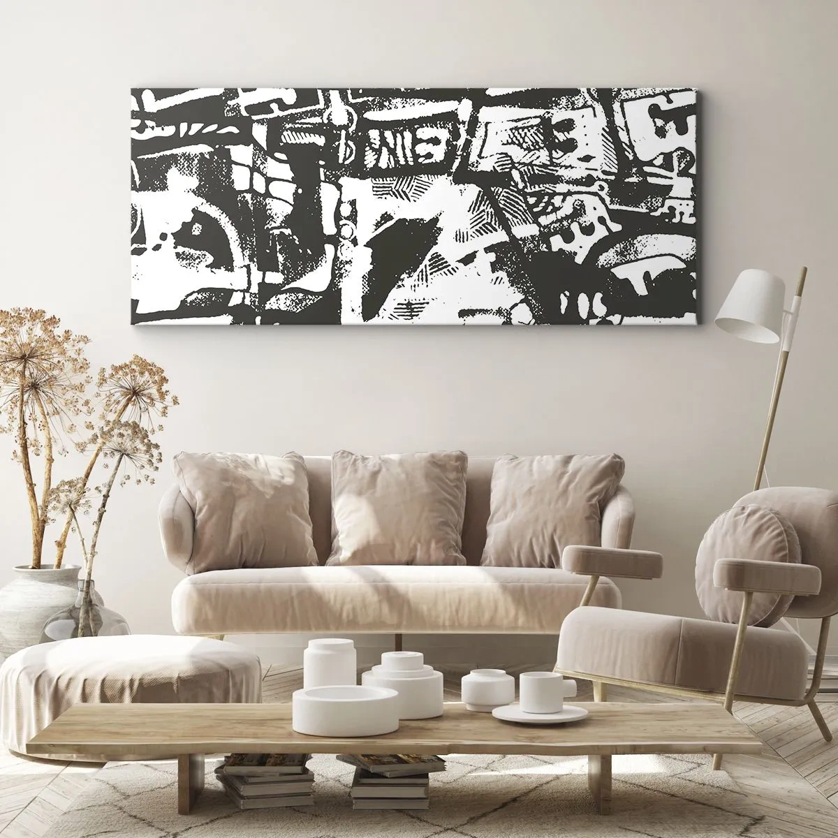 Impression sur toile - Image sur toile - Motif rétro monochrome abstrait - 160x50cm - Ordre ou chaos? - Décoration murale moderne pour le salon et la chambre ARTTOR