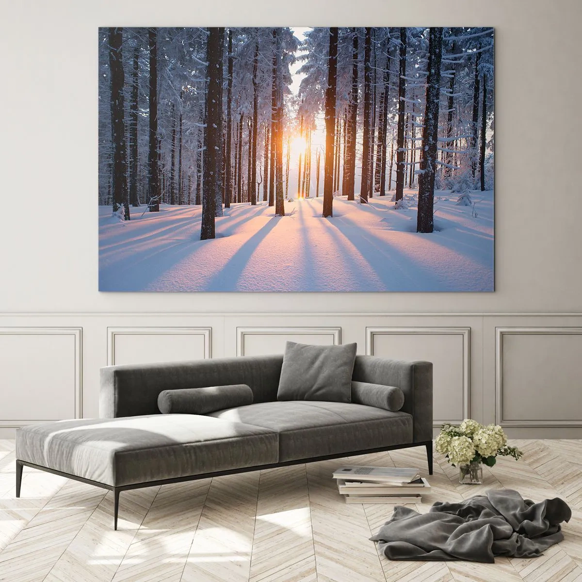 Impression sur verre - Image sur verre - Forêt d'hiver avec les rayons du soleil qui brillent à travers les arbres - 120x80cm - Clairement en noir et blanc - Décoration murale moderne pour le salon et la chambre ARTTOR