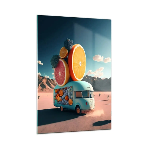 Impression sur verre - Image sur verre - Un camping-car turquoise avec des fruits sur un paysage désertique - 50x70cm - Le goût des vacances - Décoration murale moderne pour le salon et la chambre ARTTOR