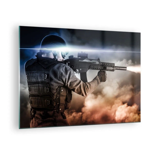 Impression sur verre - Image sur verre - Un soldat en action tirant avec un fusil sur fond de fumée. - 70x50cm - Tout simplement un héros - Décoration murale moderne pour le salon et la chambre ARTTOR