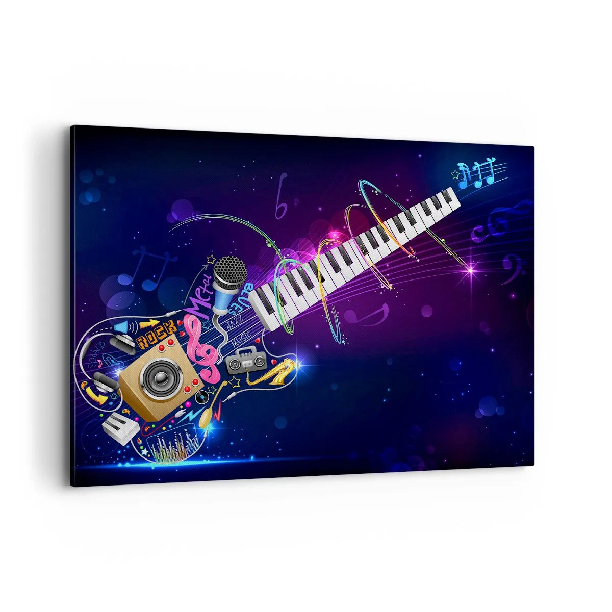 Impression sur toile - Image sur toile - Une guitare colorée avec un clavier et un microphone sur un fond sombre. - 100x70cm - Et tout va bien - Décoration murale moderne pour le salon et la chambre ARTTOR