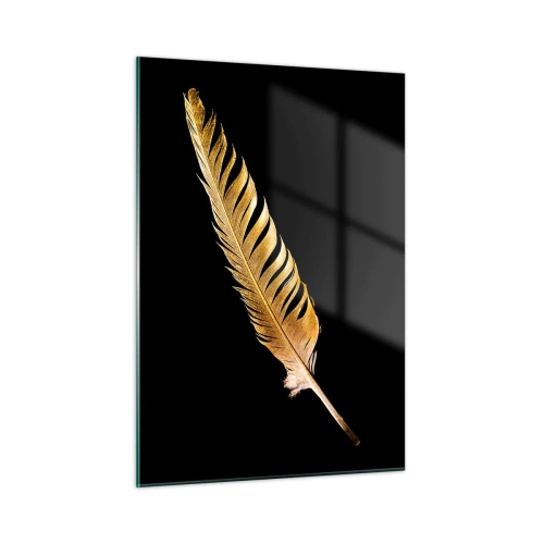 Impression sur verre - Image sur verre - Une plume dorée sur fond noir dans un style minimaliste - 50x70cm - Sans porte-plume - Décoration murale moderne pour le salon et la chambre ARTTOR