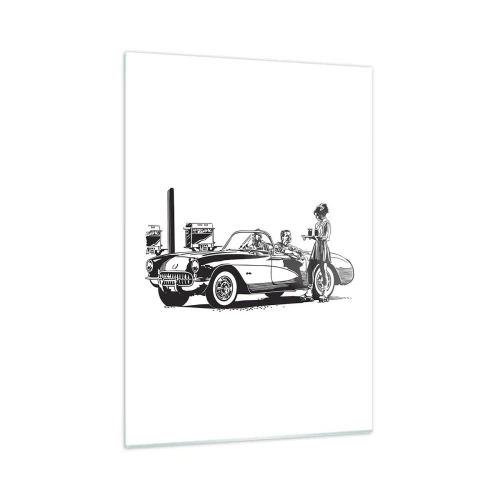 Impression sur verre - Image sur verre - Graphiques créatifs avec une voiture classique et des personnages - 50x70cm - 60's - Amérique insouciante - Décoration murale moderne pour le salon et la chambre ARTTOR
