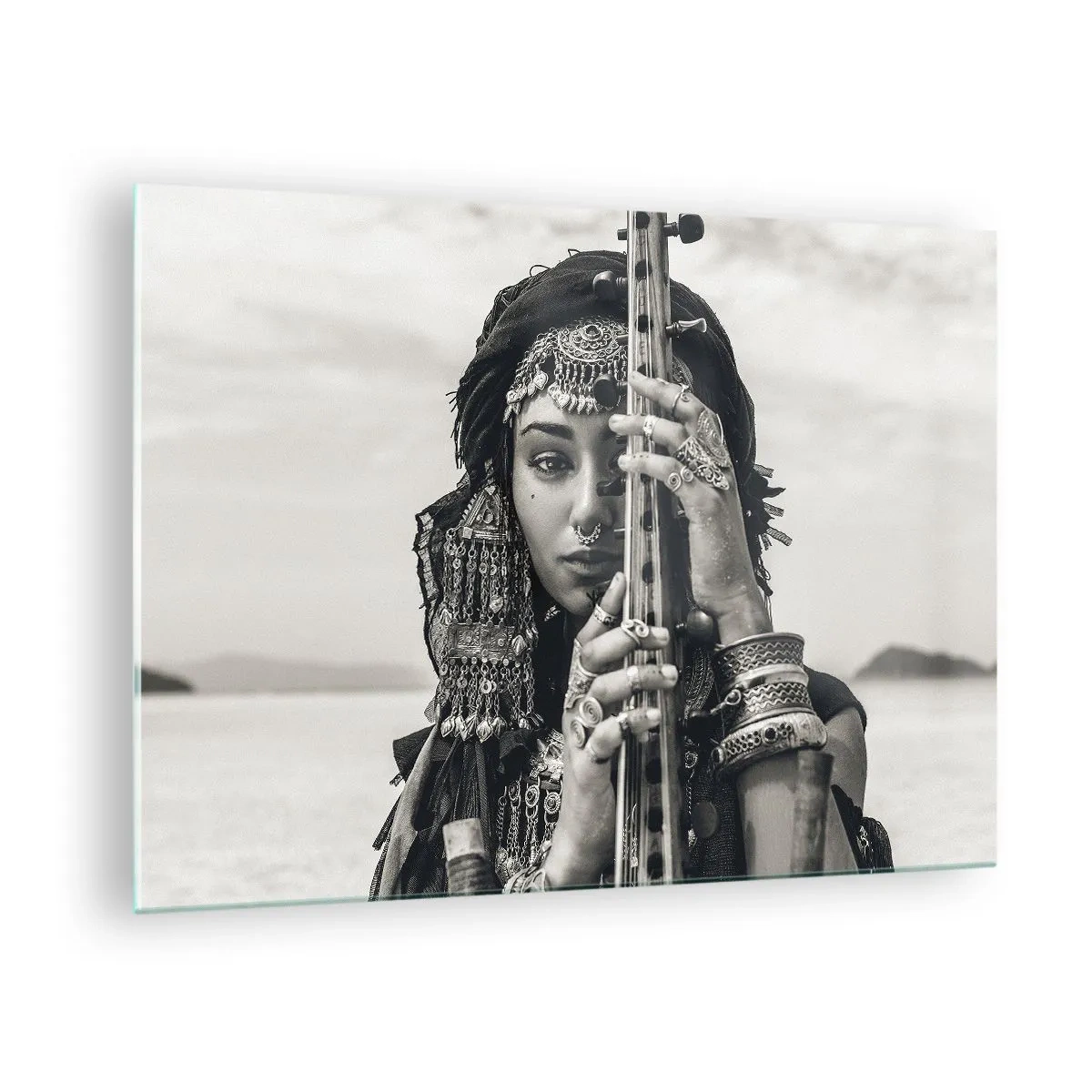 Impression sur verre - Image sur verre - Femme en bijoux orientaux avec un instrument - 70x50cm - Musique de l'Orient elle-même - Décoration murale moderne pour le salon et la chambre ARTTOR