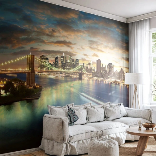 Papier peint sur mesure Autocollant Deluxe - Une soirée lumineuse sur Manhattan - Ville, Pont, New York