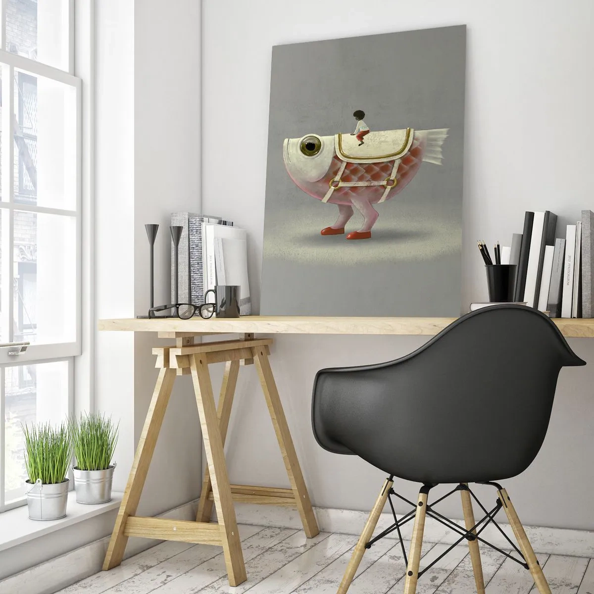 Impression sur verre - Image sur verre - Une figure chevauchant un poisson rose avec des jambes et une selle - 50x70cm - Le cavalier poisson - Décoration murale moderne pour le salon et la chambre ARTTOR