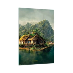 Impression sur verre - Image sur verre - Une île tropicale avec des palmiers et des montagnes en arrière-plan - 80x120cm - Paradis tropical - Décoration murale moderne pour le salon et la chambre ARTTOR