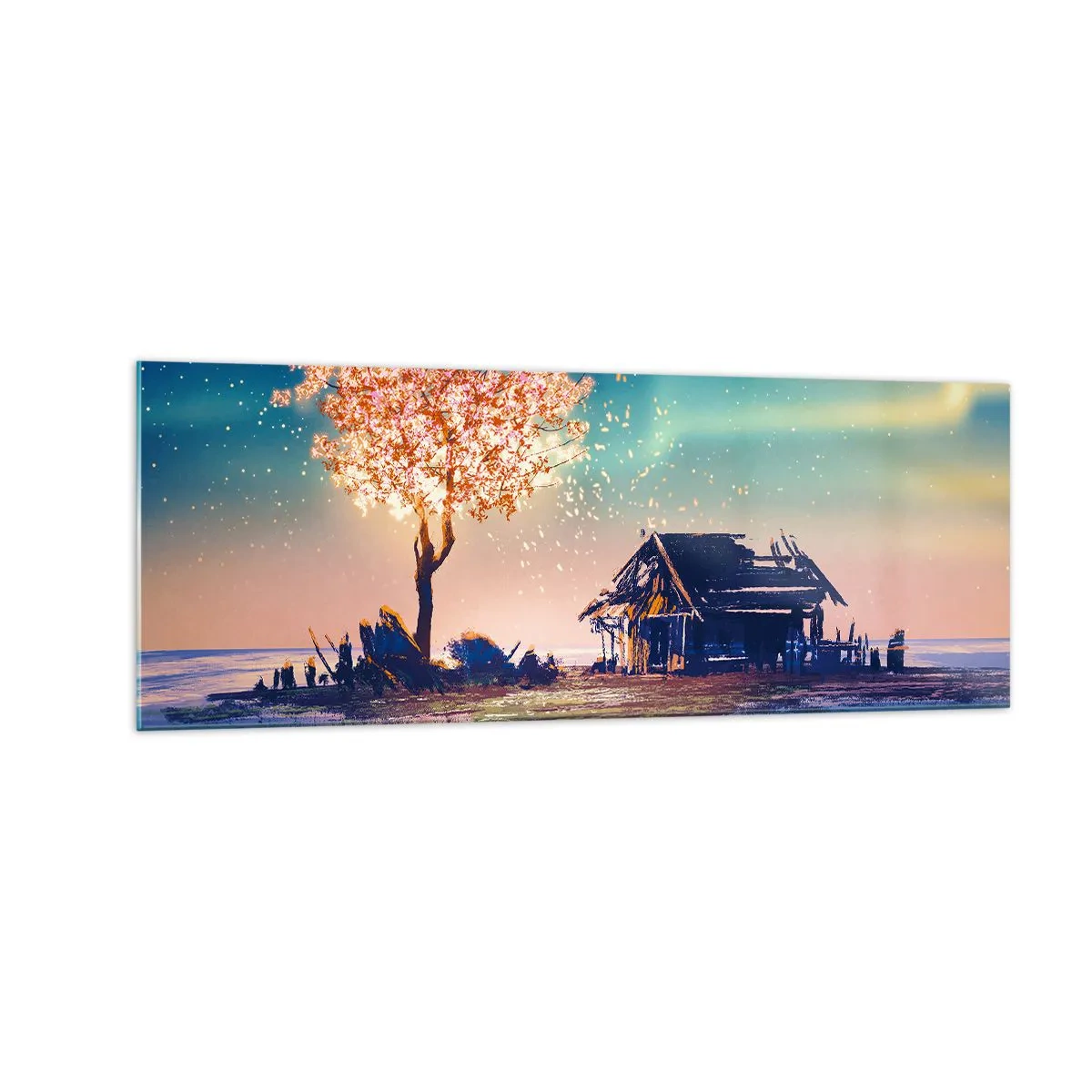 Impression sur verre - Image sur verre - Une maison et un arbre en fleurs sous le ciel nocturne - 140x50cm - La nature ne passe pas - Décoration murale moderne pour le salon et la chambre ARTTOR