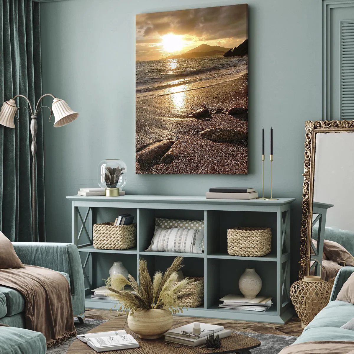 Impression sur toile - Image sur toile - Plage au coucher du soleil avec des pierres sur le rivage - 80x120cm - Suivez le soleil sur les collines - Décoration murale moderne pour le salon et la chambre ARTTOR