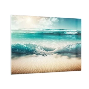 Impression sur verre - Image sur verre - Vagues turquoise de l'océan venant lécher une plage de sable - 70x50cm - La paix de l'océan - Décoration murale moderne pour le salon et la chambre ARTTOR