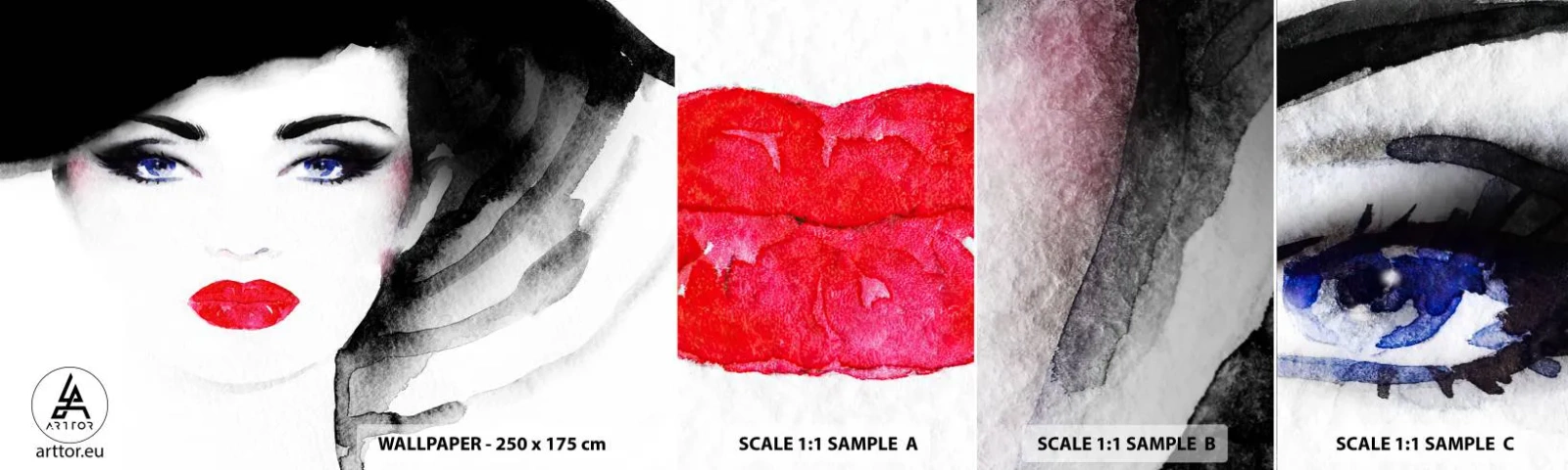 Échantillon de Papier Peint Autocollant Deluxe Sticker - Elle repousse et attire - Visage de femme, lèvres rouges, Yeux bleus - 100x30 cm