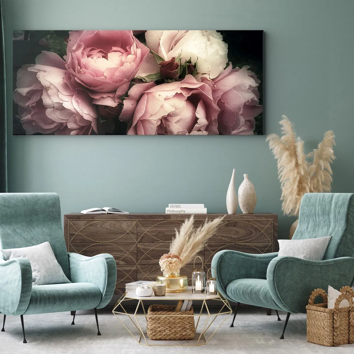 Impression sur toile - Image sur toile - Un bouquet de roses aux tons délicats de rose et de blanc - 140x50cm - Le charme de la belle époque - Décoration murale moderne pour le salon et la chambre ARTTOR