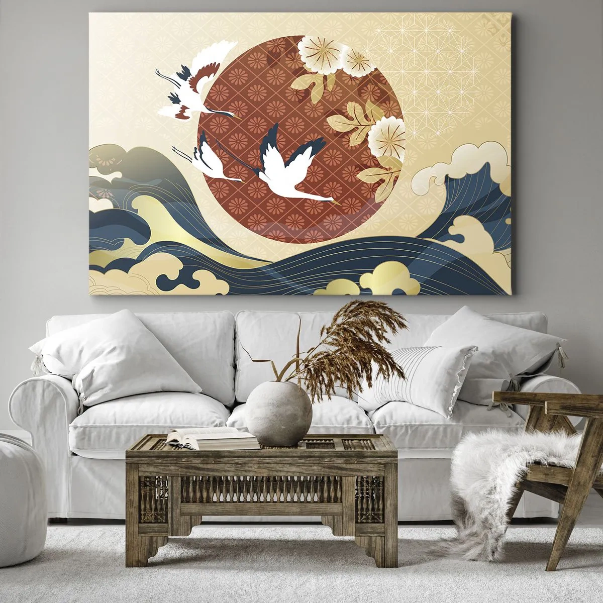 Impression sur toile - Image sur toile - Composition japonaise avec des grues et des vagues - 70x50cm - Conte japonnais - Décoration murale moderne pour le salon et la chambre ARTTOR