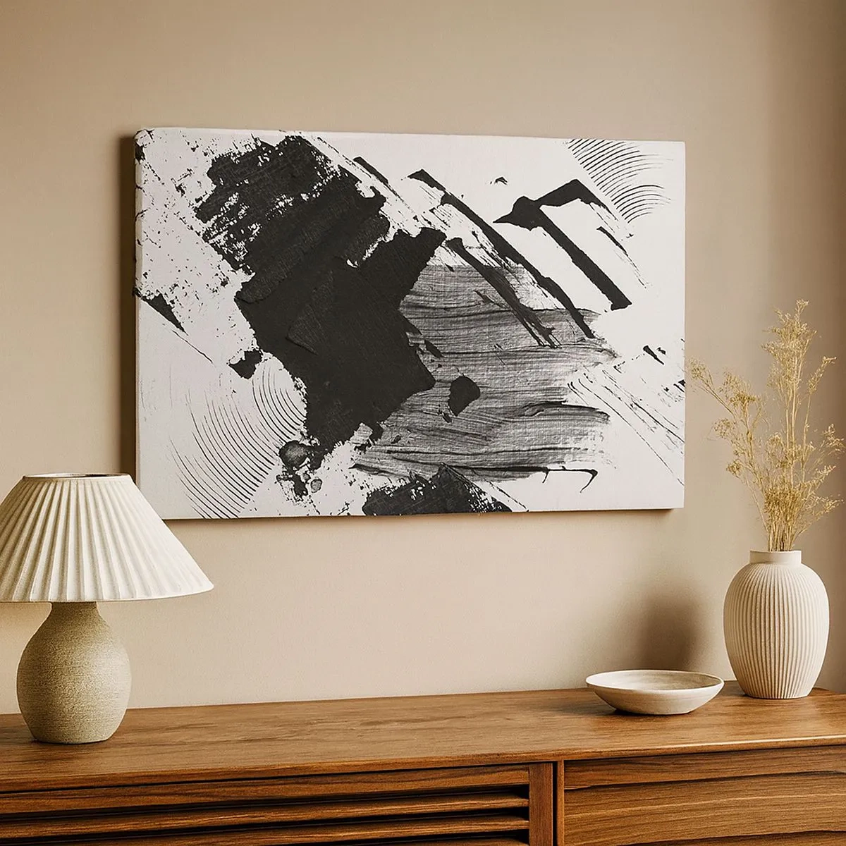 Impression sur toile - Image sur toile - Traits abstraits de noir sur fond blanc - 70x50cm - Abstraction – expression du noir - Décoration murale moderne pour le salon et la chambre ARTTOR