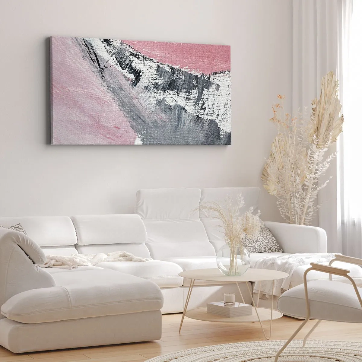 Impression sur toile - Image sur toile - Une composition abstraite dans les tons de rose et de gris. - 140x50cm - Composition assortie - Décoration murale moderne pour le salon et la chambre ARTTOR