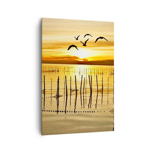 Impression sur toile - Image sur toile - Coucher de soleil sur l'eau avec des oiseaux en vol - 70x100cm - À la pêche - Décoration murale moderne pour le salon et la chambre ARTTOR