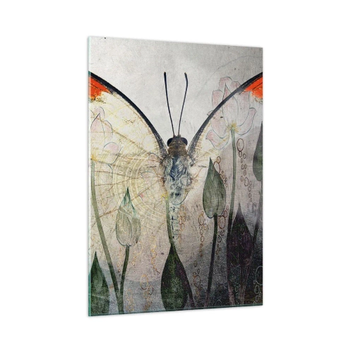 Impression sur verre - Image sur verre - Un papillon artistique entouré de fleurs délicates sur fond gris. - 50x70cm - "Où est le papillon qui se balance sur l'herbe" - Décoration murale moderne pour le salon et la chambre ARTTOR