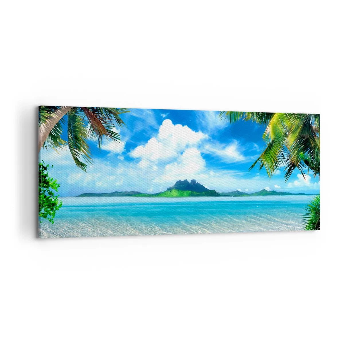 Impression sur toile - Image sur toile - Plage tropicale avec palmiers et vue sur l'île - 120x50cm - L'azur des tropiques - Décoration murale moderne pour le salon et la chambre ARTTOR