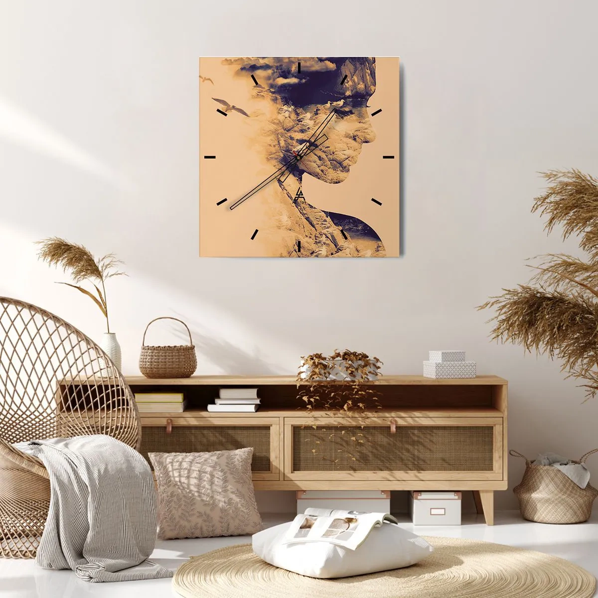 Horloge murale - Pendule murale - Profil d'une femme avec la nature en arrière-plan dans des tons chauds - 30x30cm - Beauté de la nature - Décoration murale moderne pour le salon et la chambre ARTTOR