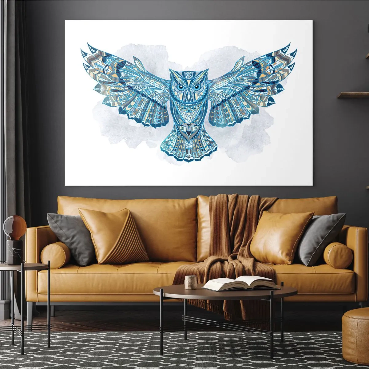 Impression sur verre - Image sur verre - Chouette bleue aux ailes déployées de style géométrique - 70x50cm - D'un bosquet sacré celtique - Décoration murale moderne pour le salon et la chambre ARTTOR