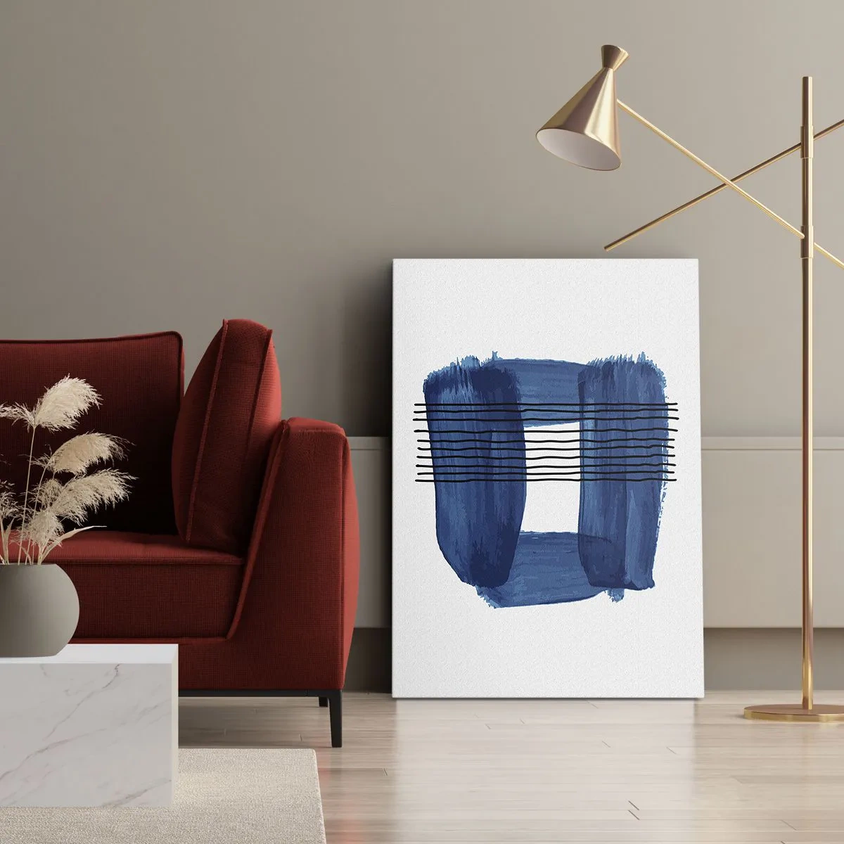 Impression sur toile - Image sur toile - Motif abstrait dans des tons de bleu avec des lignes noires - 50x70cm - Composition noire-bleue - Décoration murale moderne pour le salon et la chambre ARTTOR
