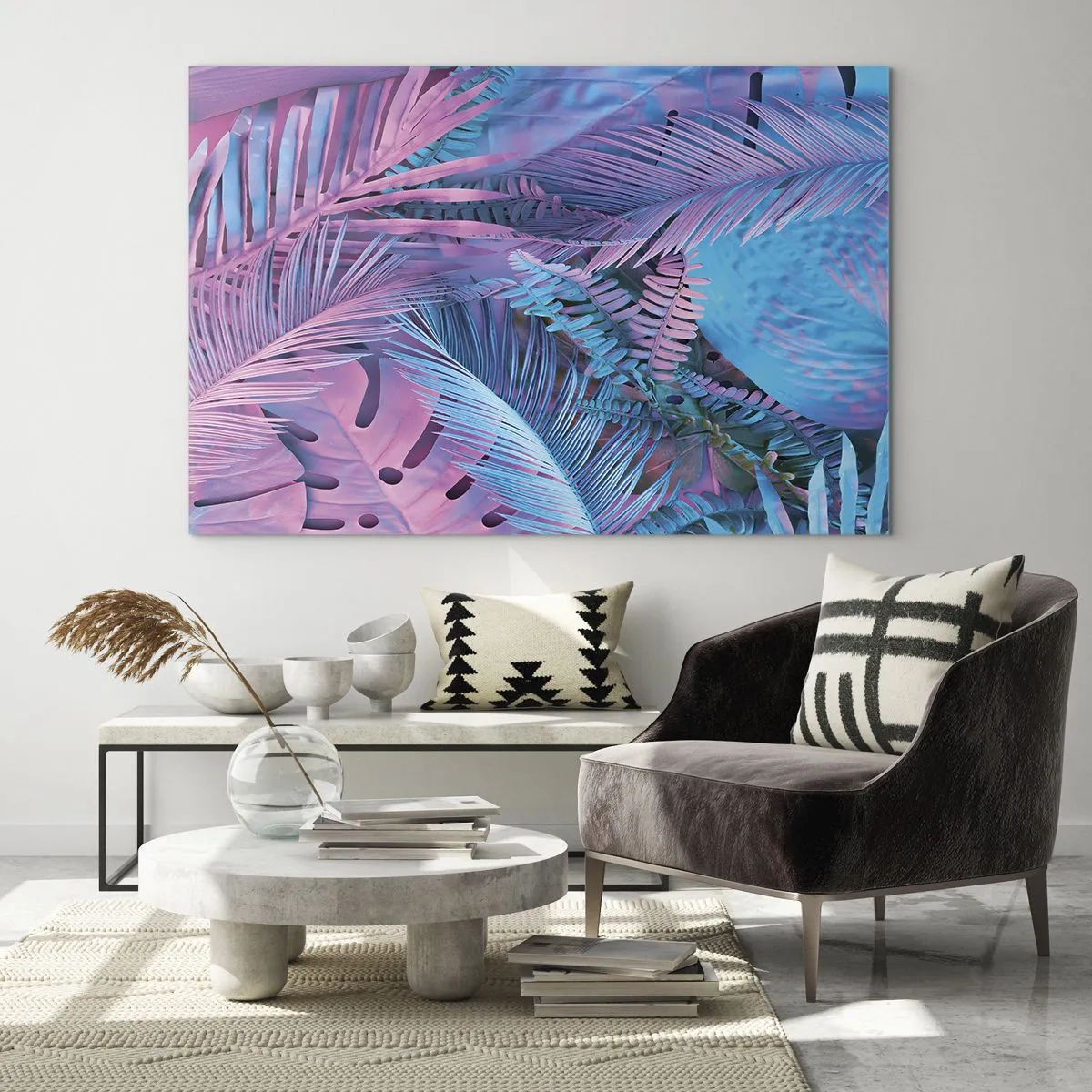 Impression sur verre - Image sur verre - Feuilles tropicales dans des tons de rose et de bleu sur un fond néon - 70x50cm - Les tropiques en rose et bleu - Décoration murale moderne pour le salon et la chambre ARTTOR