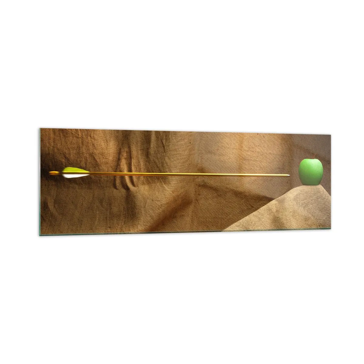 Impression sur verre - Image sur verre - Pomme verte sur tissu avec une flèche créant une composition - 160x50cm - Invoquer l'esprit de Guillaume Tell - Décoration murale moderne pour le salon et la chambre ARTTOR