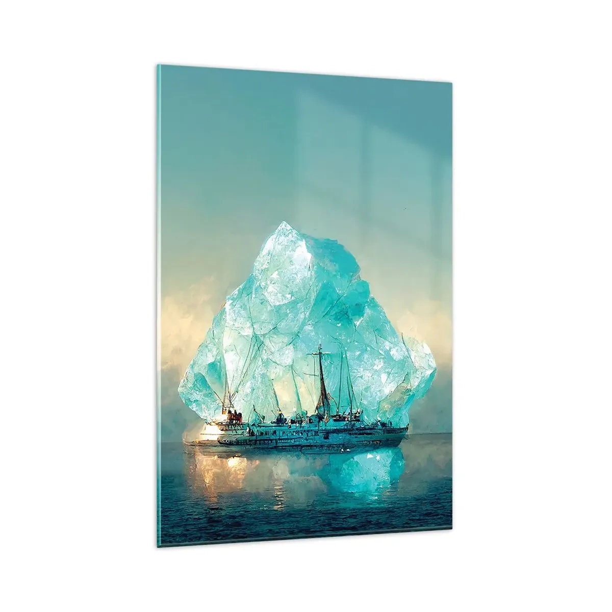 Impression sur verre - Image sur verre - Un navire avec un iceberg majestueux en arrière-plan - 80x120cm - Diamant arctique - Décoration murale moderne pour le salon et la chambre ARTTOR