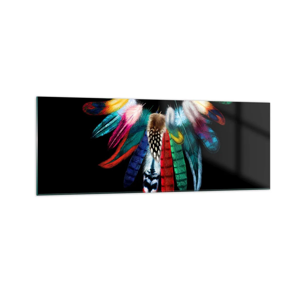 Impression sur verre - Image sur verre - Plumes colorées sur fond noir dans une composition artistique - 140x50cm - Collier indien - Décoration murale moderne pour le salon et la chambre ARTTOR