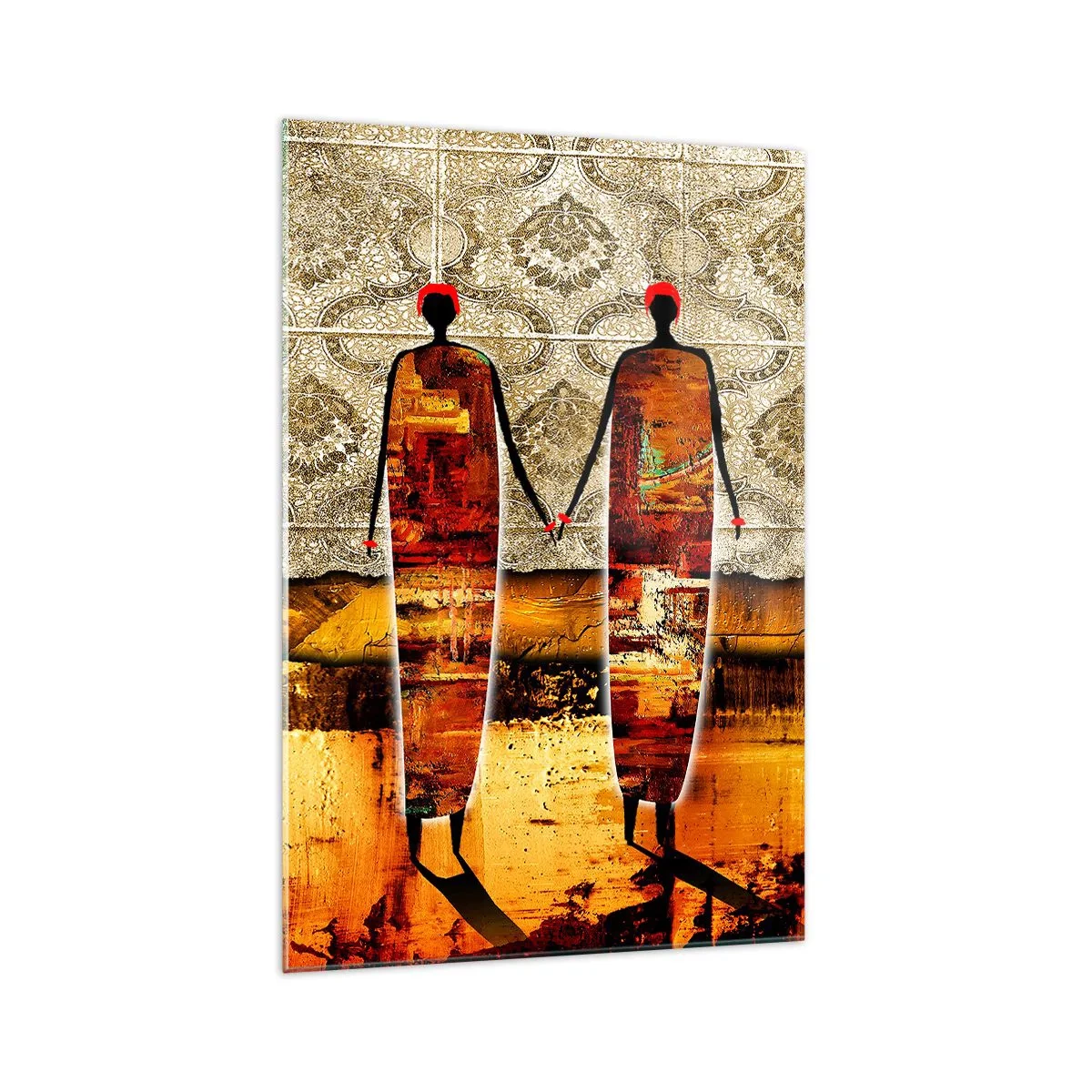 Impression sur verre - Image sur verre - Une paire de figures abstraites sur fond de motifs dorés et d'un paysage. - 70x100cm - Composition ethnique aux couleurs de l'Afrique - Décoration murale moderne pour le salon et la chambre ARTTOR