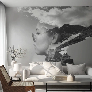 Papier Peint Photo Premium Canvas - Portrait de montagnes et nuages - Abstraction, Tête de femme, Fantaisie - 250x175 cm