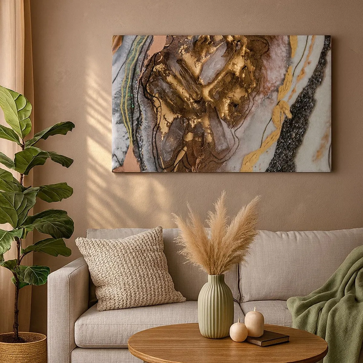Impression sur toile - Image sur toile - Composition abstraite avec des éléments d'or et de cristaux - 70x50cm - Élément de la terre - Décoration murale moderne pour le salon et la chambre ARTTOR