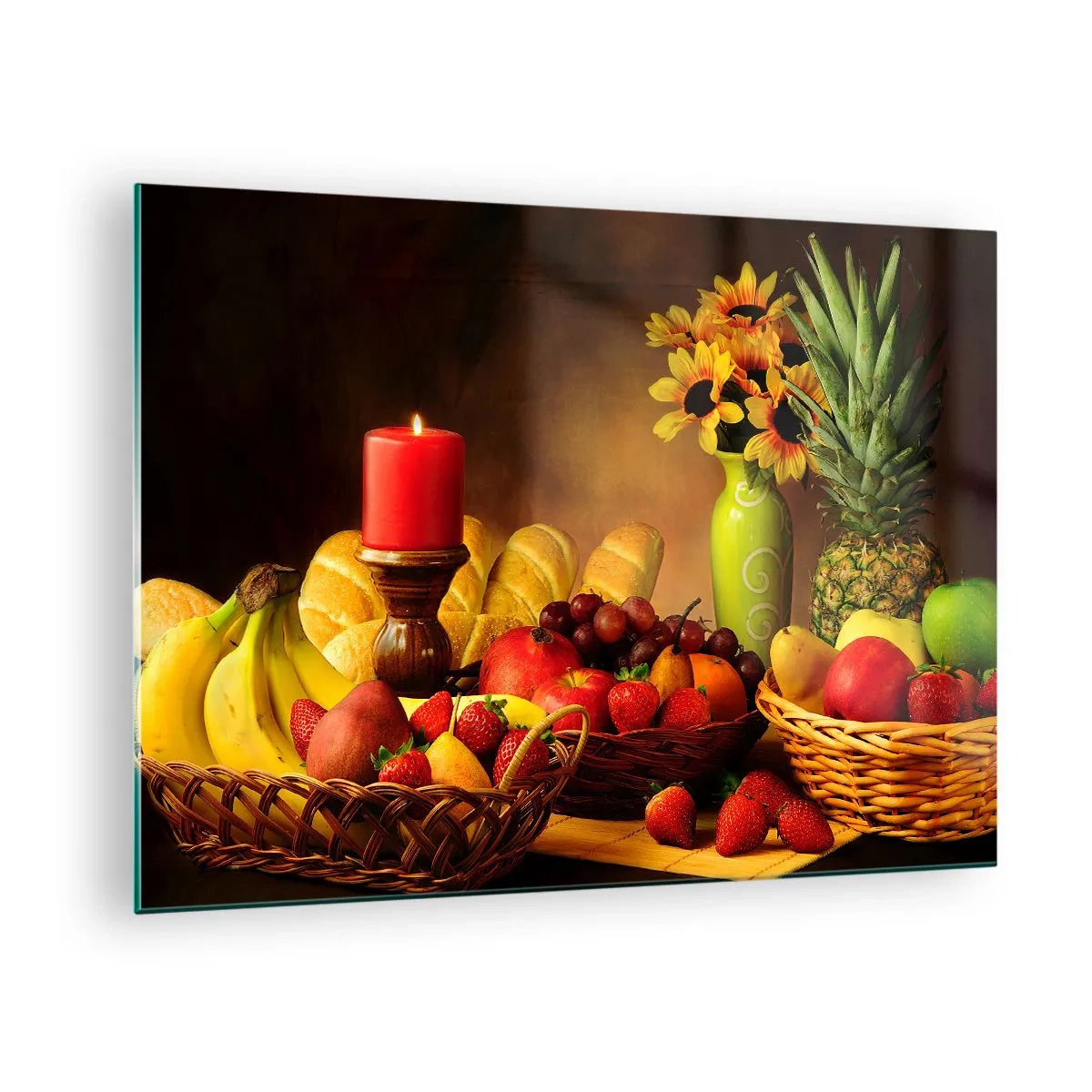 Impression sur verre - Image sur verre - Une composition de fruits, de pain et d'une bougie dans un style rustique - 70x50cm - Nature morte de pain et de fruits - Décoration murale moderne pour le salon et la chambre ARTTOR
