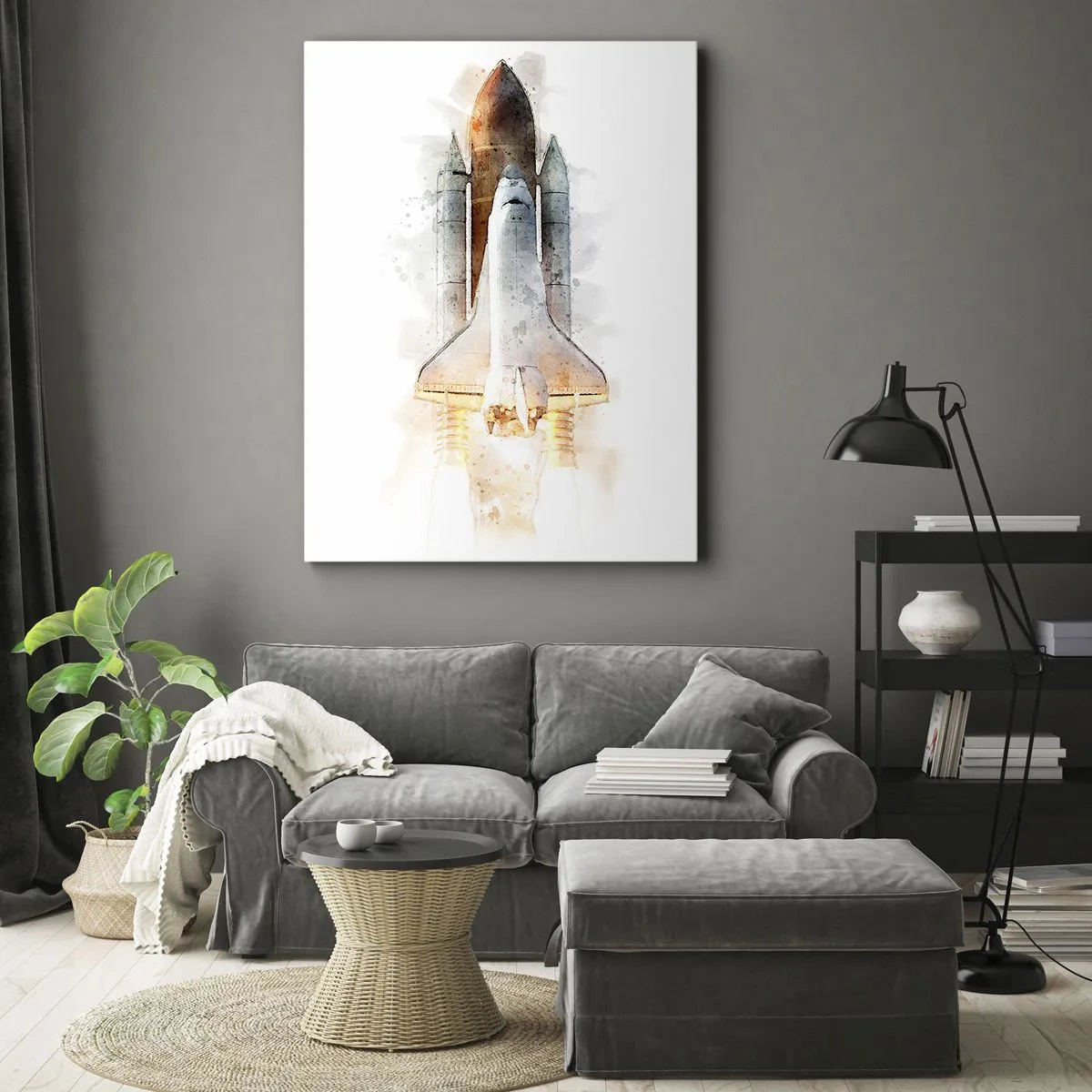 Impression sur toile - Image sur toile - Une interprétation artistique à l'aquarelle d'une navette spatiale au décollage - 50x70cm - Des explorateurs pour commencer - Décoration murale moderne pour le salon et la chambre ARTTOR