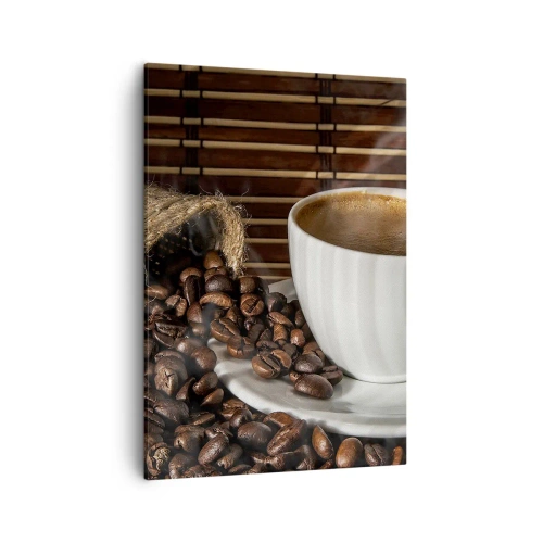 Impression sur toile - Image sur toile - Une tasse de café avec des grains sur un fond de bambou - 50x70cm - La noirceur du charbon, la clarté de l'ambre - Décoration murale moderne pour le salon et la chambre ARTTOR
