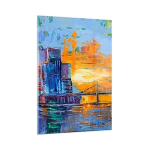Impression sur verre - Image sur verre - La ville colorée et le pont dans la lueur du soleil couchant - 50x70cm - Culture et nature - Décoration murale moderne pour le salon et la chambre ARTTOR