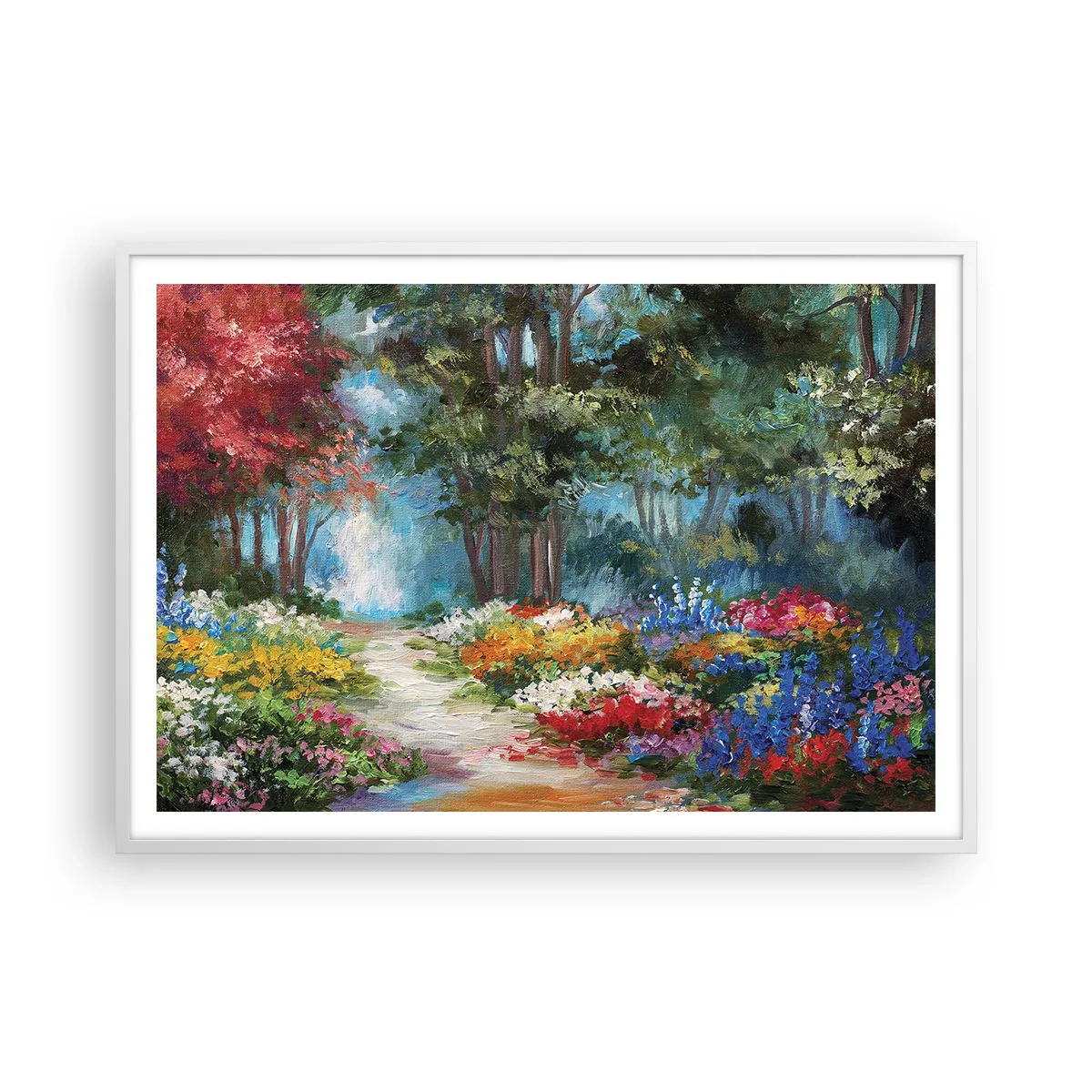 Affiche dans un cadre blanc - Poster - Jardin forestier, forêt de fleurs - 100x70 cm