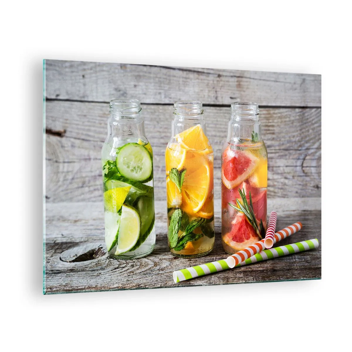 Impression sur verre - Image sur verre - Bouteilles d'eau fruitée et d'herbes sur fond de bois - 70x50cm - Sain par nature - Décoration murale moderne pour le salon et la chambre ARTTOR