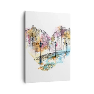 Impression sur toile - Image sur toile - Aquarelle d'un pont et de maisons en forme de cœur - 50x70cm - Le coeur de la ville - Décoration murale moderne pour le salon et la chambre ARTTOR