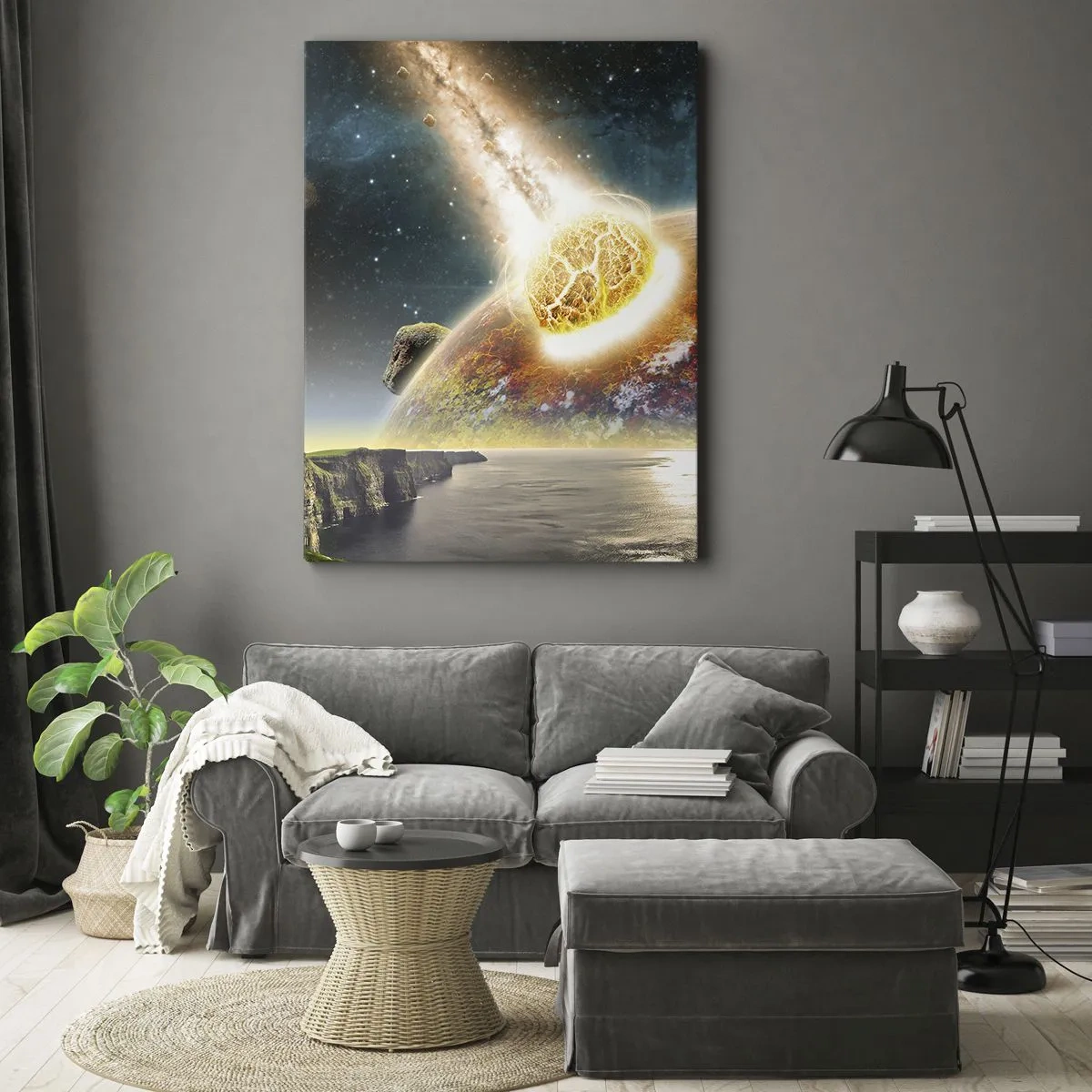 Impression sur toile - Image sur toile - Une météorite entre en collision avec une planète dans un paysage cosmique. - 50x70cm - Drame spatial - Décoration murale moderne pour le salon et la chambre ARTTOR