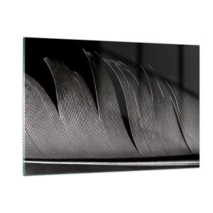 Impression sur verre - Image sur verre - Gros plan noir et blanc d'une plume présentée sous une lumière contrastée. - 120x80cm - La plume – un design magnifique - Décoration murale moderne pour le salon et la chambre ARTTOR